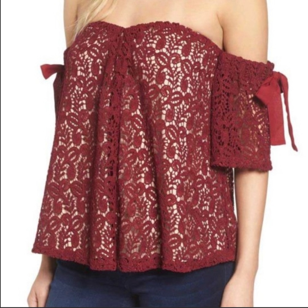 Moon River Burgundy Crochet Lace Off Shoulder Top - Picture 2 of 8